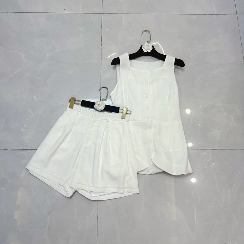 

European, American, Australian, French, niche, breathable linen sleeveless vest + shorts two-piece suit-GZXX313