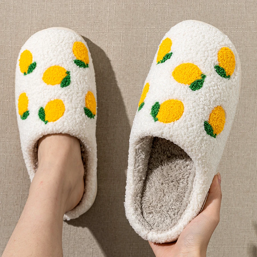 Women's Winter Slippers Cute Cartoon Fruit Indoor Warm Comfortable Soft Sole Non Slip Leisure Dormitory Cherry Plush Shoes