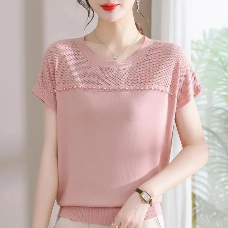 Summer Woman Clothing Knitted T-shirts Beading Solid Versatile Thin Fashion Casual Female New Round Neck Short Sleeve Loose Tops