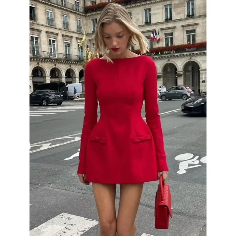 2025 Mini abito sexy a maniche lunghe con doppio fiocco per donna Autunno Inverno Nuovo abito da festa aderente a vita alta solido elegante