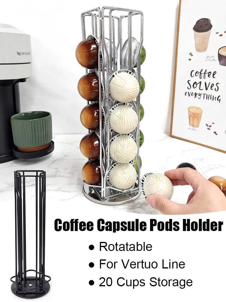 Coffee Pod Holder 360°Rotatable Vertuo Line Coffee Capsule Pods Holder Display Stand Metal 20 Cups Storage Organizer Shelve Rack