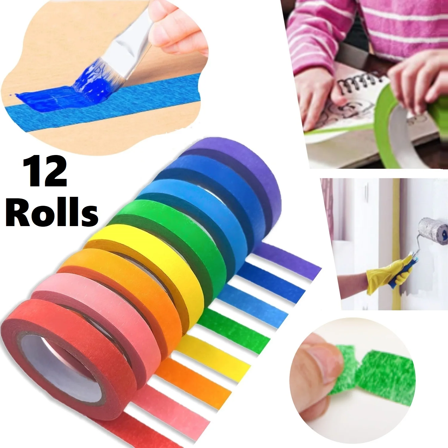 12 Rolls Colored Masking Tape 21 Yards Per Roll Rainbow Colors Painting Craft Labeling Paper Tapes for DIY Arts Party Teaching