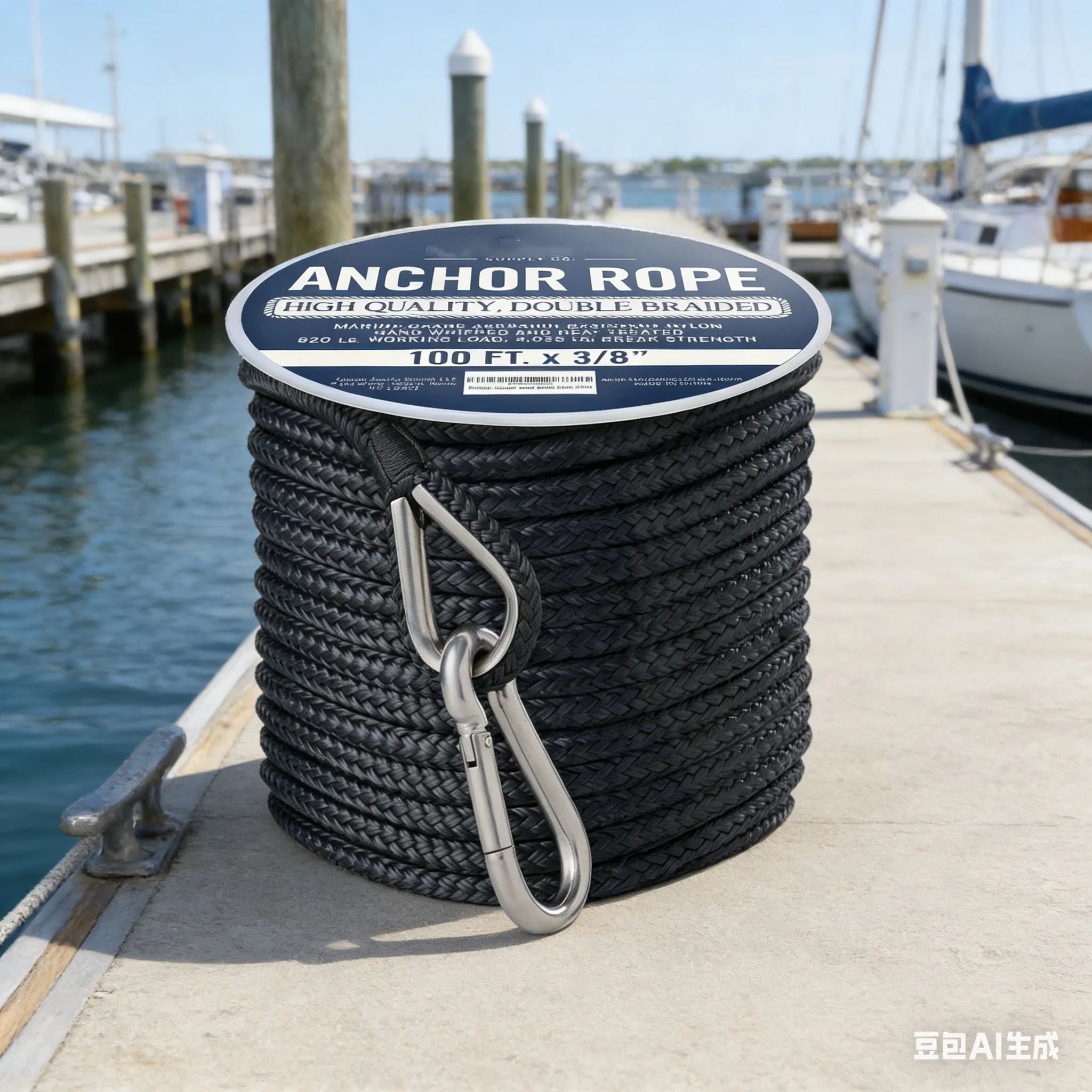 1pc Nylon Anchor Line 50/100ft 15/30m Heavy Duty Double Weaving Dock Fixed Rope Marine Ropes With Stainless Steel Thimble