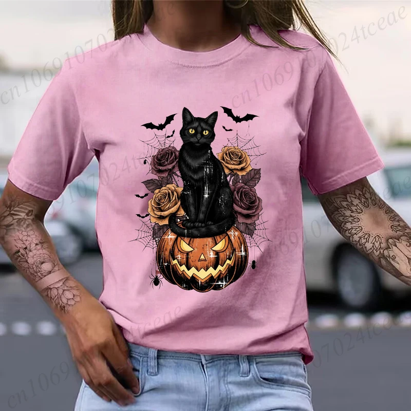 Halloween Skull Bow Pumpkin Shirt Funny Retro Black Cat Tee T-Shirts Spooky Season Graphic T Shirt for Women Short Sleeve Tops