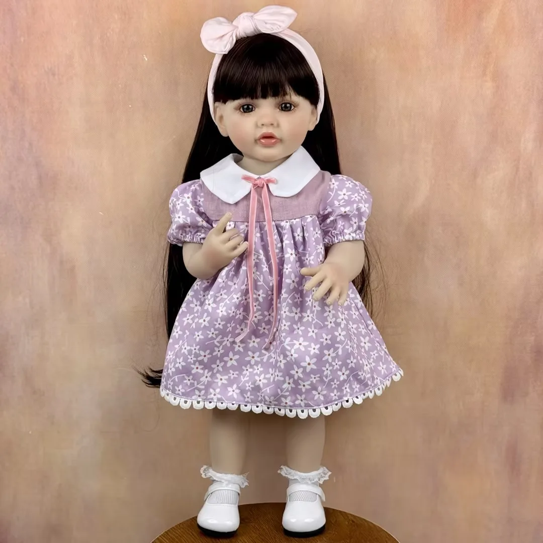 BZDOLL 55CM 리본 베이비 풀 비닐 바디 인형 장난감, 갈색 긴 머리, 공주 유아 22인치 달콤한 인형, 수제 생일 선물