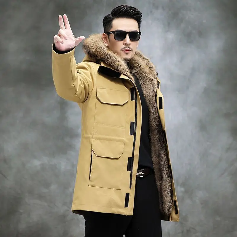 

Winter Warm Coat Windproof Parker Men Waterproof Windbreaker Fur Lined Winter Thick Warm Faux Fur Coat Mid-length Jacket Parka