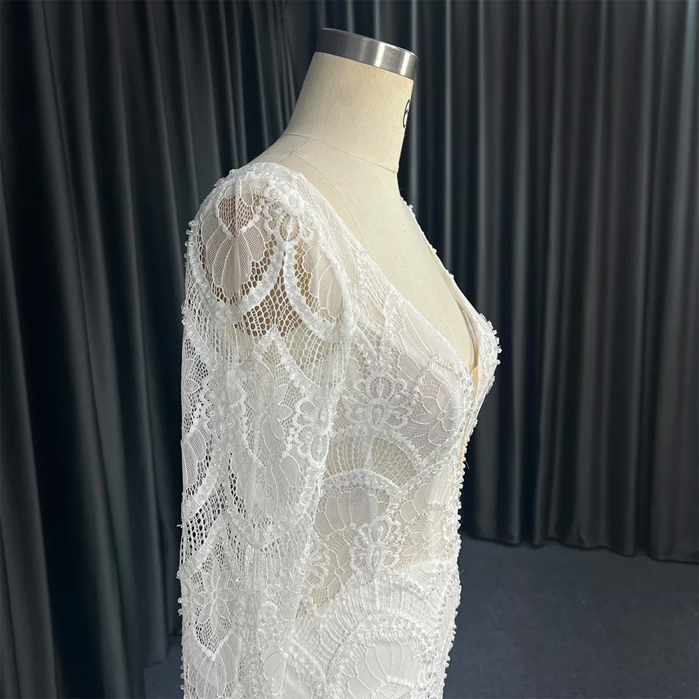 Vestido de novia bohemio de encaje con cuello en V para playa, vestidos de novia de manga larga, cola de corte de sirena, Formal personalizado