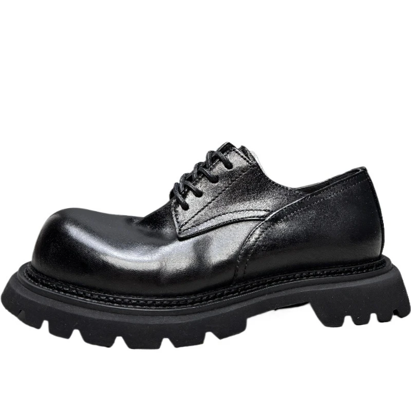 Black Horse Leather Thick Soled Derby Shoes for Men's Genuine Leather Casual Height Increasing Shoes Wide Version Business Shoes