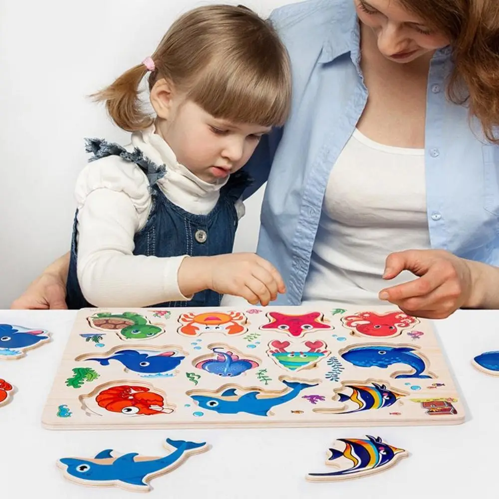 

Early Learning Toys Montessori Wooden Puzzle Cartoon Animal Design Alphabet Shape Hand Grab Board Educational Matching Puzzle