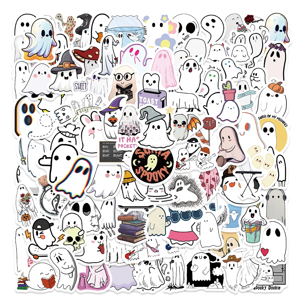 100pcs Cute Ghosts Halloween Stickers Holiday Party Cartoon Decal Waterproof Sticker Pack Perfect for Laptop Water Bottle Phone