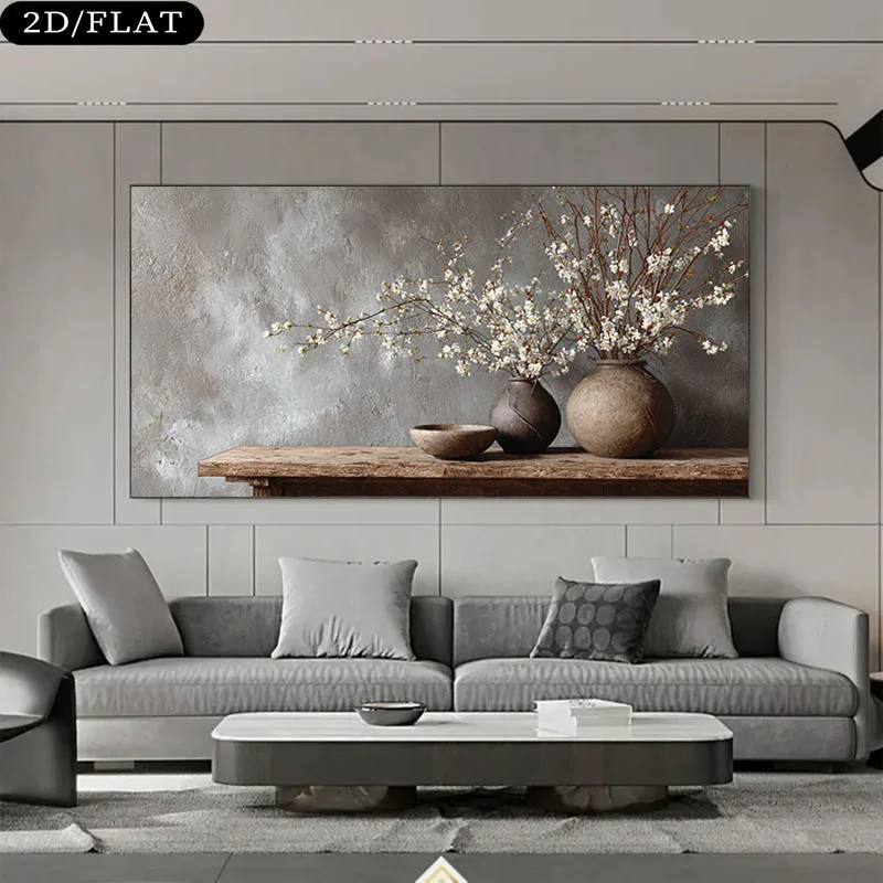 

Large Frameless Abstract Canvas Art Vintage White Branches in Rustic Vases Pattern, Wall Decor for Living Room, Bedroom Wall Art
