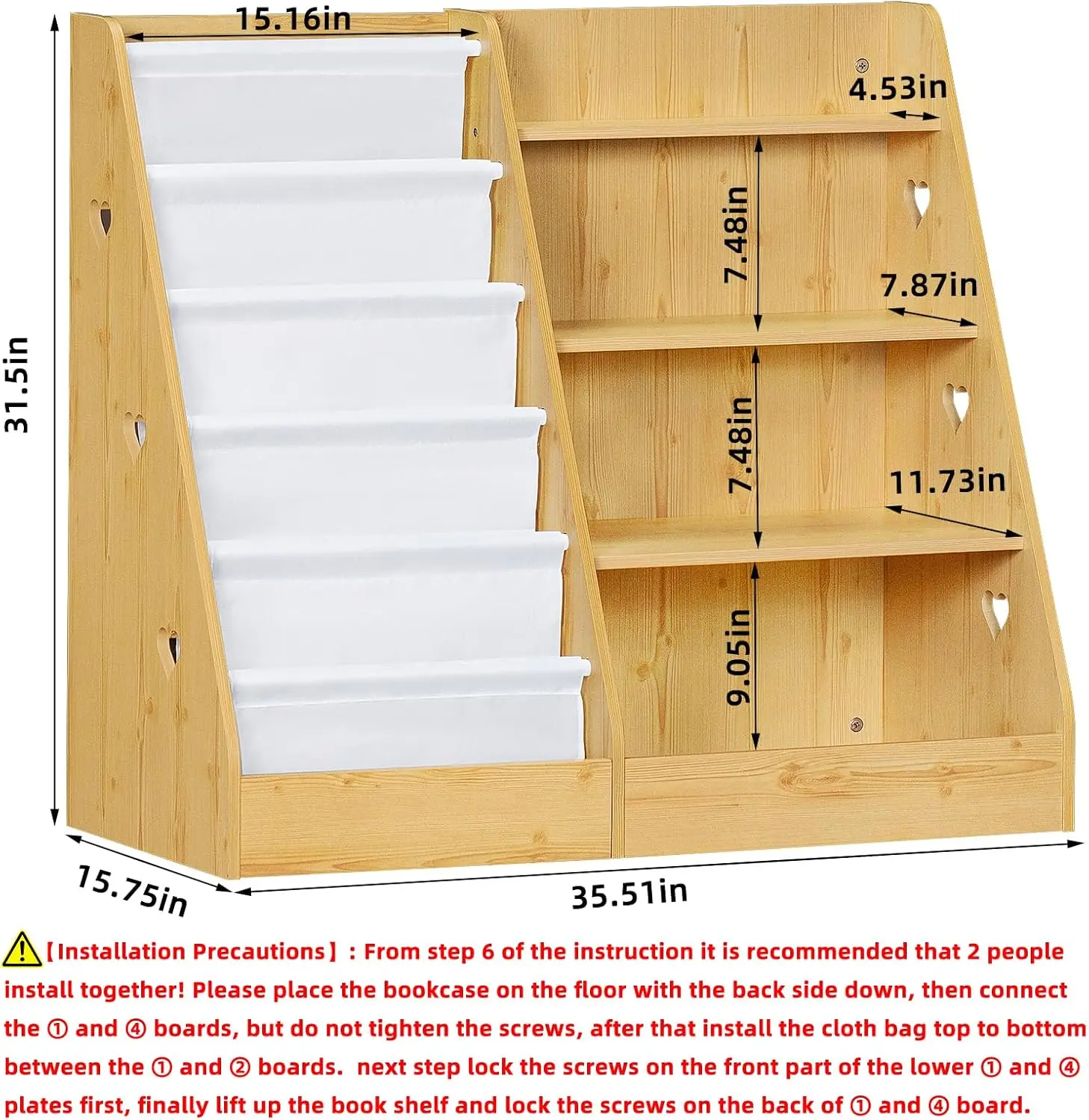 Étagère à livres en bois à cinq niveaux pour enfants, bibliothèque à élingue pour enfants, étagère à livres pour bébés et tout-petits, affichage, évaluation de stockage, 4 niveaux