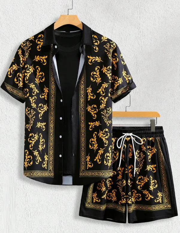 Hawaiian Shirt Set Men 3D Printed Retro Pattern Summer Fashion Casual Luxury Daily Oversized Button-up Shirt+shorts 2 Piece Set