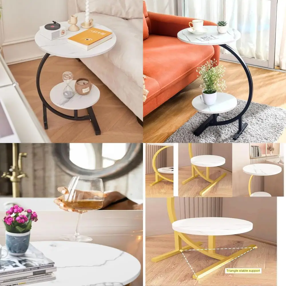 Mesa Auxiliar Redonda de 2 Niveles con Textura de Mármol en Forma de C para Aperitivos, Uso como Mesa Auxiliar o Junto al Sofá en Sala de Estar, Cocina, Jardín o Dormitorio