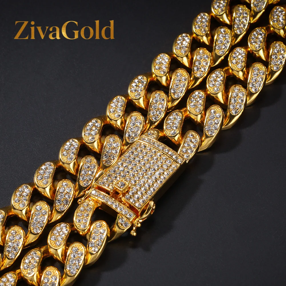 

ZivaGold Роскошное мужское колье-цепочка Miami Cuban из чистого золота 24K 9999 пробы, 20 мм, с полным бриллиантовым паве, браслет