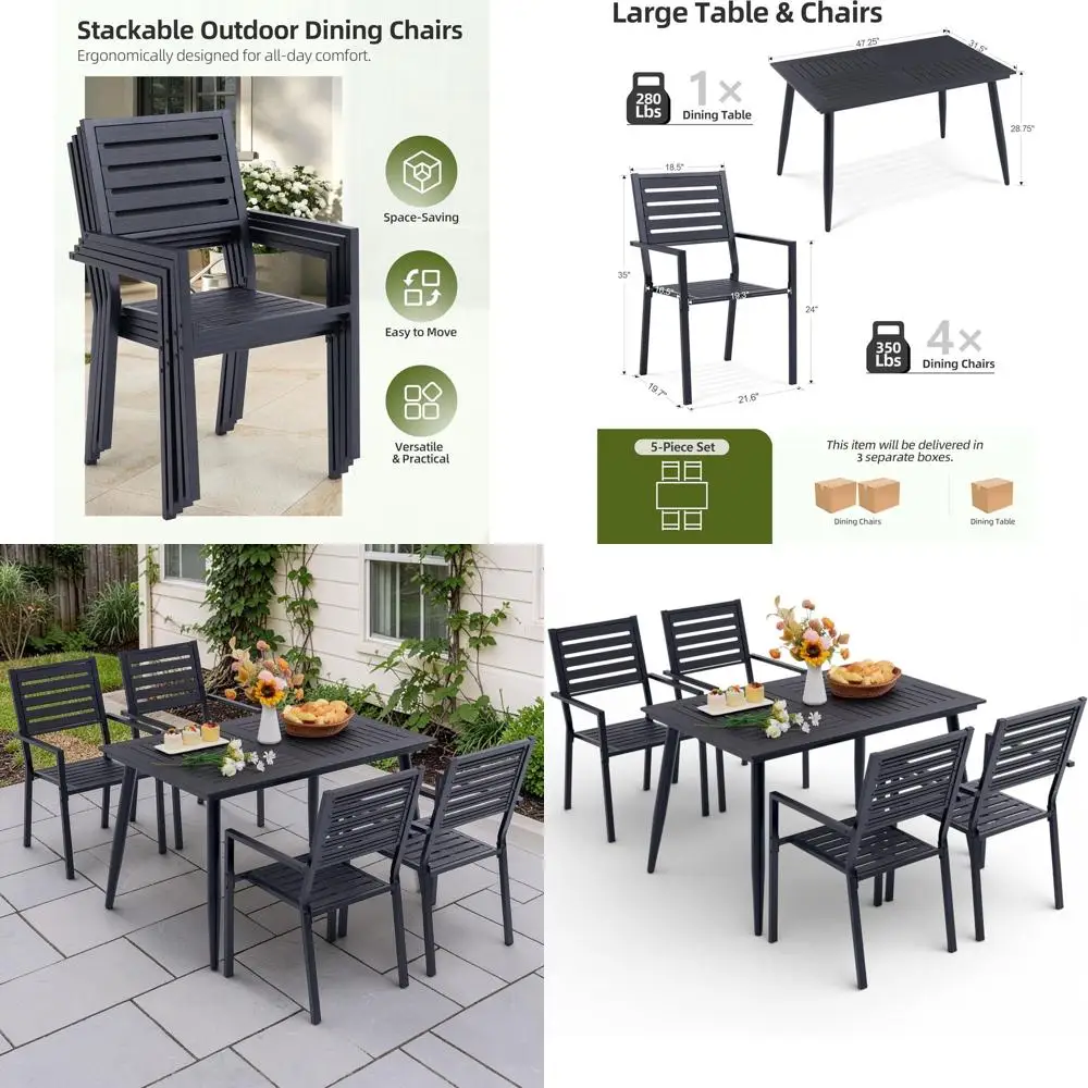 

All-Weather HDPE Outdoor Dining Set with 4 Stackable Chairs - Rust-Resistant Steel, Space-Saving for Patio or Backyard (Black)