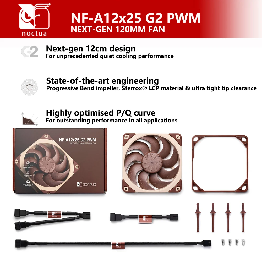 NOCTUA NF-A12x25 G2 PWM Sx2 4-Pin Quiet Cooling For Push-Pull And Side-By-Side Usage Highly Optimised P/Q Curve 120x120x25mm