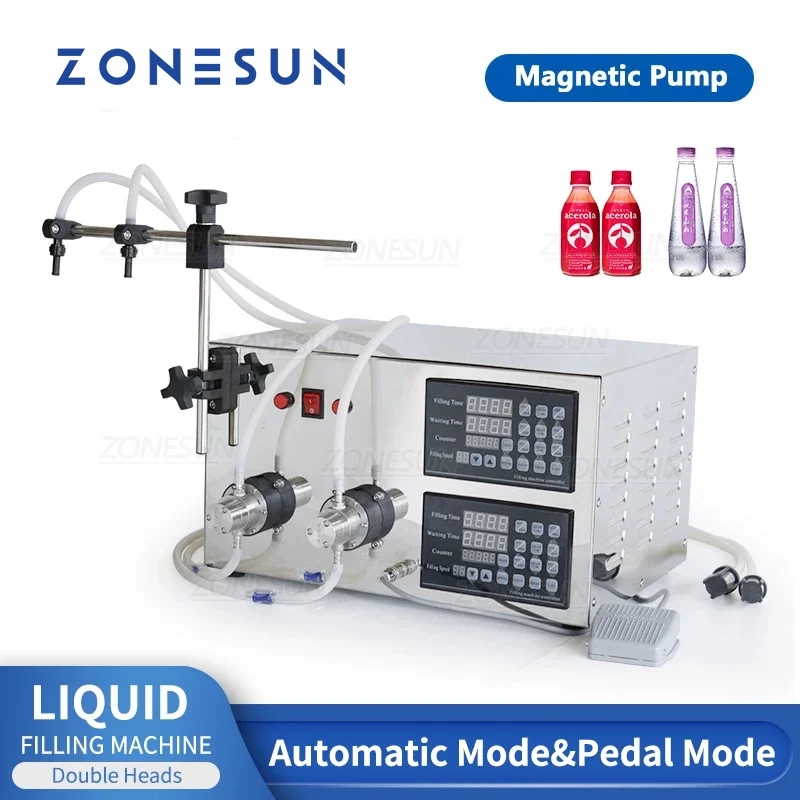 ZONESUN Electric Liquid Filling Machine 2-Head Magnetic Pump Bottle Filler for Water Essential Oil Production Soft Drinks ZS-YG2