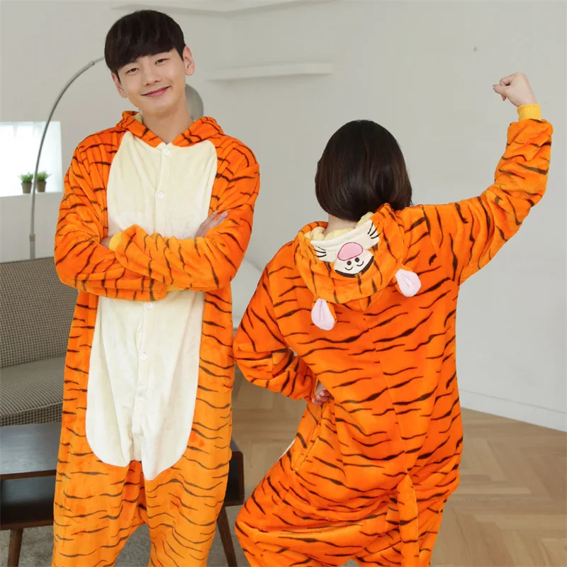 Cartoon Animal Onesie Kigurumi Tiger Sleepwear Hooded Thermal Flannel Nightwear Stylish Cute Jumpsuit Couple\'s Loungewear