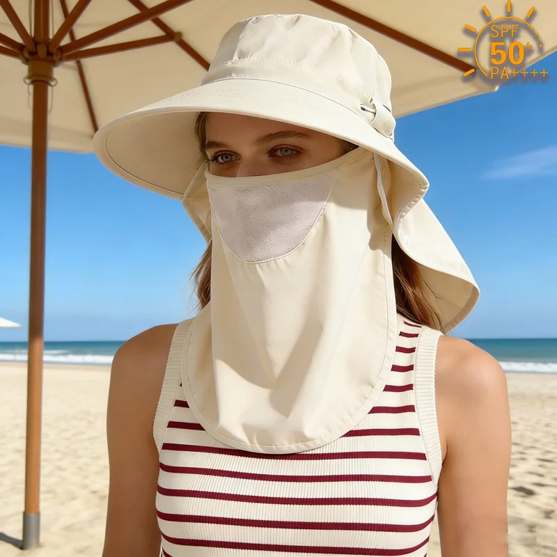 Integrierter Sonnenhut, Gesichtsmaske, Nackenschutz, atmungsaktiv, UV-beständig, Outdoor-Kappe für Damen und Herren, Angeln, Wandern, Camping