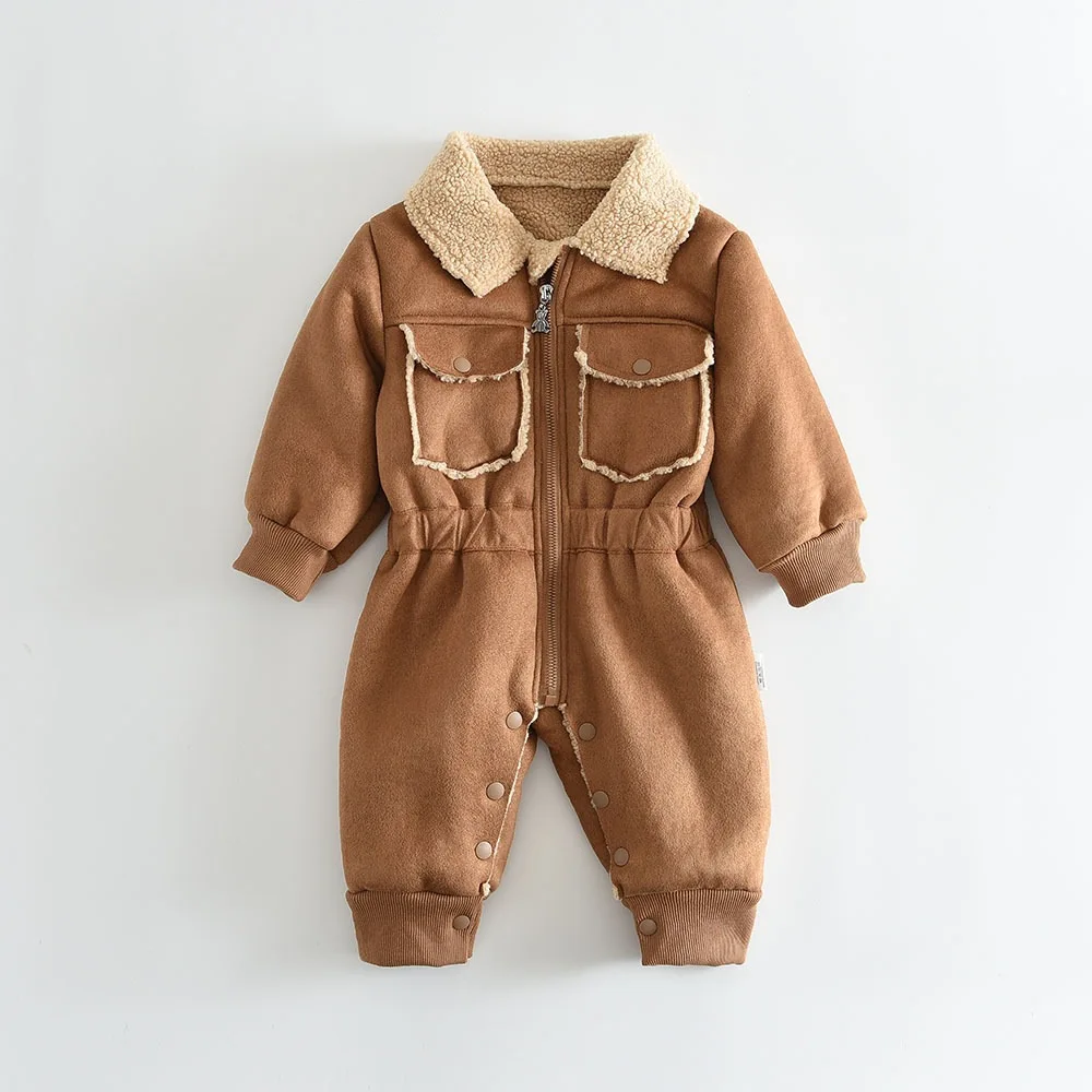 2026 Winter New Baby Long Sleeve Fleece Romper Infant Boy Girl Solid Lapel Jumpsuit Plus Velvet Thick Toddler Warm Clothes