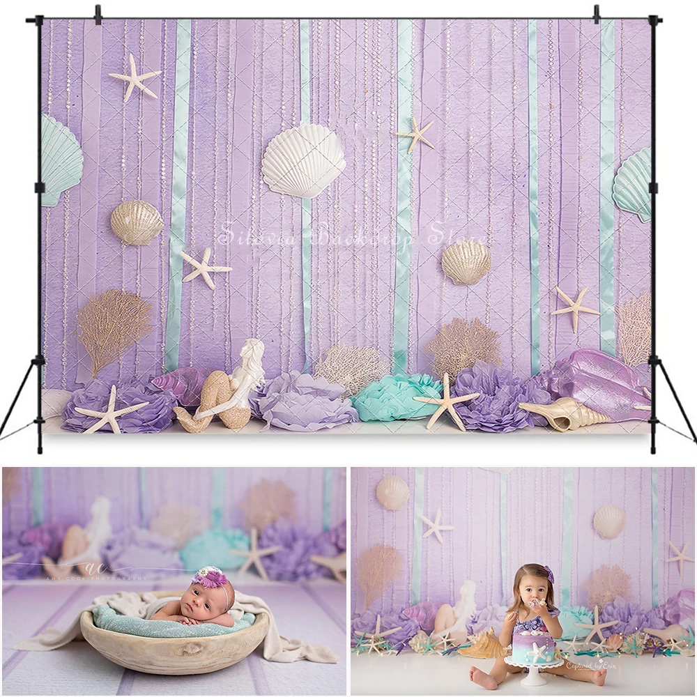 

Purple Dream Mermaid Photography Backdrop Children Birthday Cake Smash Photo Studio Props Flowers Pearl Conch Photo Background