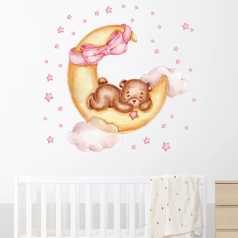 Wall Decals for Baby Girls Room Teddy Bear Sleeping on Gold Moon Wall Decor Stickers Bedroom Living Room Interior Wallpaper