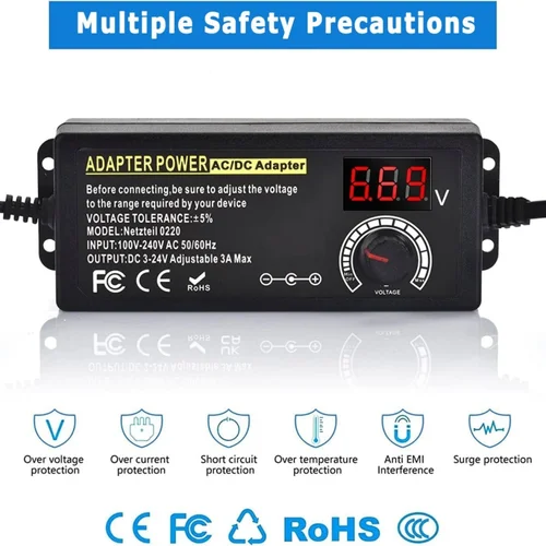 Imagen 2 del producto Fuente de alimentación ajustable, adaptador de corriente de AC-DC Variable, laboratorio de 3V-24V-3A con enchufe de EE. UU./UE, Clip de cocodrilo para electrodomésticos hembra