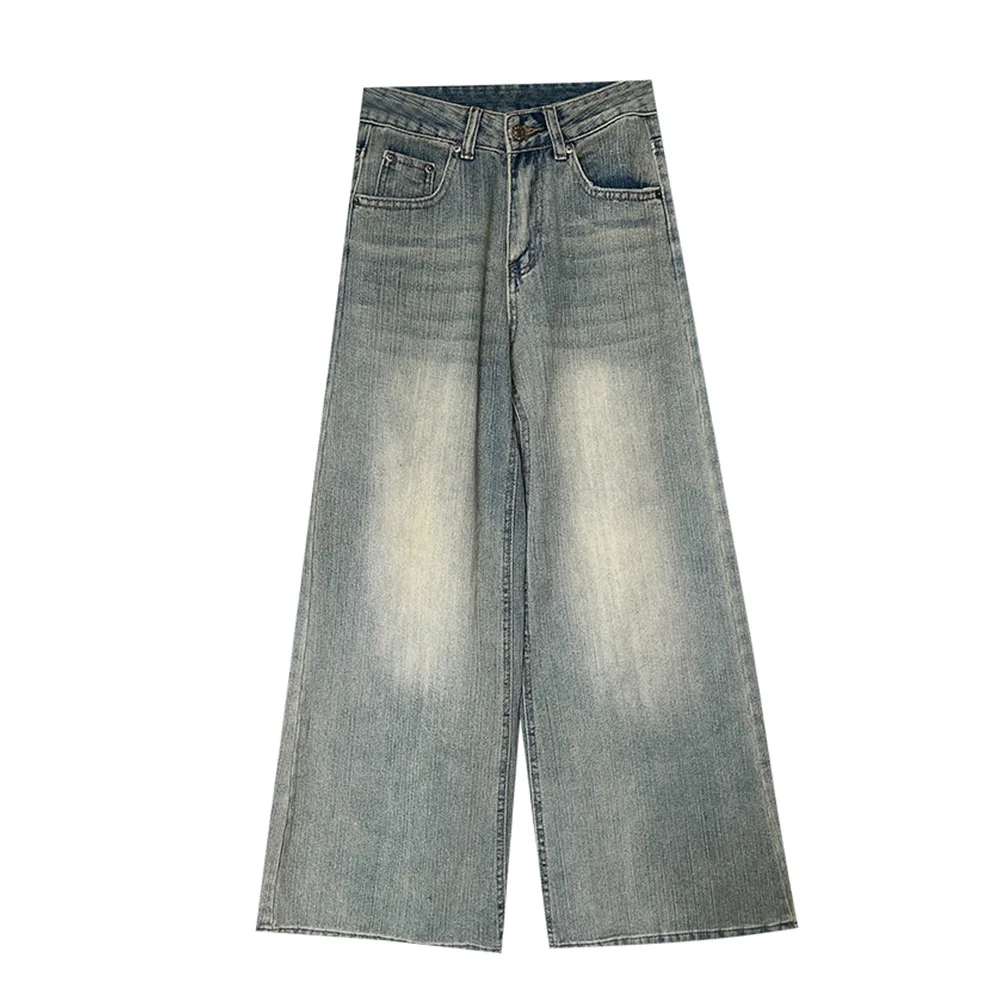 

Vintage Women Denim Pants High Waist Frayed Holes Bottom Wide Leg Jeans Versatile Lady Soft Fashion Loose Denim Trousers