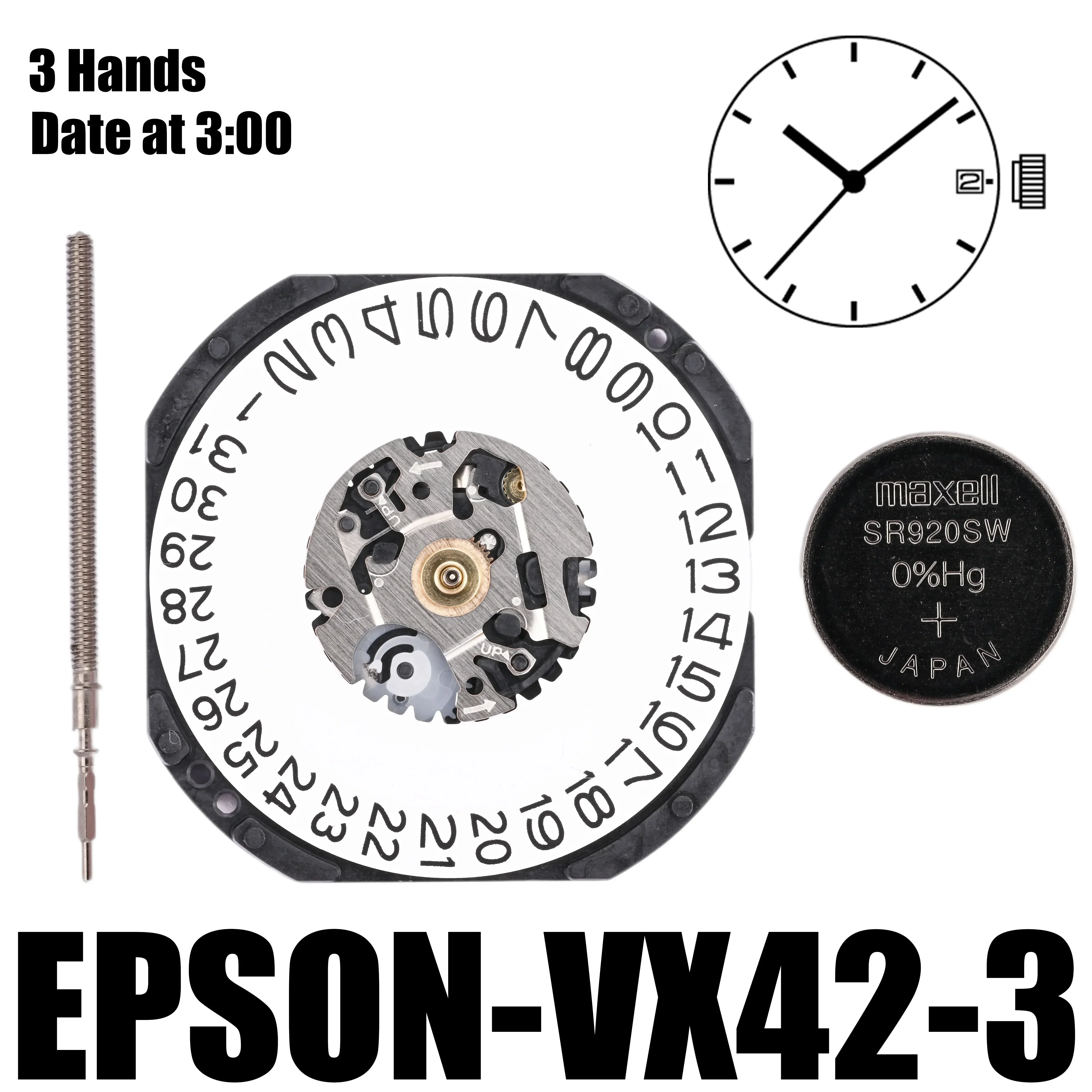 VX42 Movement Epson VX42E Movement 3 Hands Date at 3:00/6:00 Size : 11 1/2''' Height: 2.62mm Battery Life: 3 years