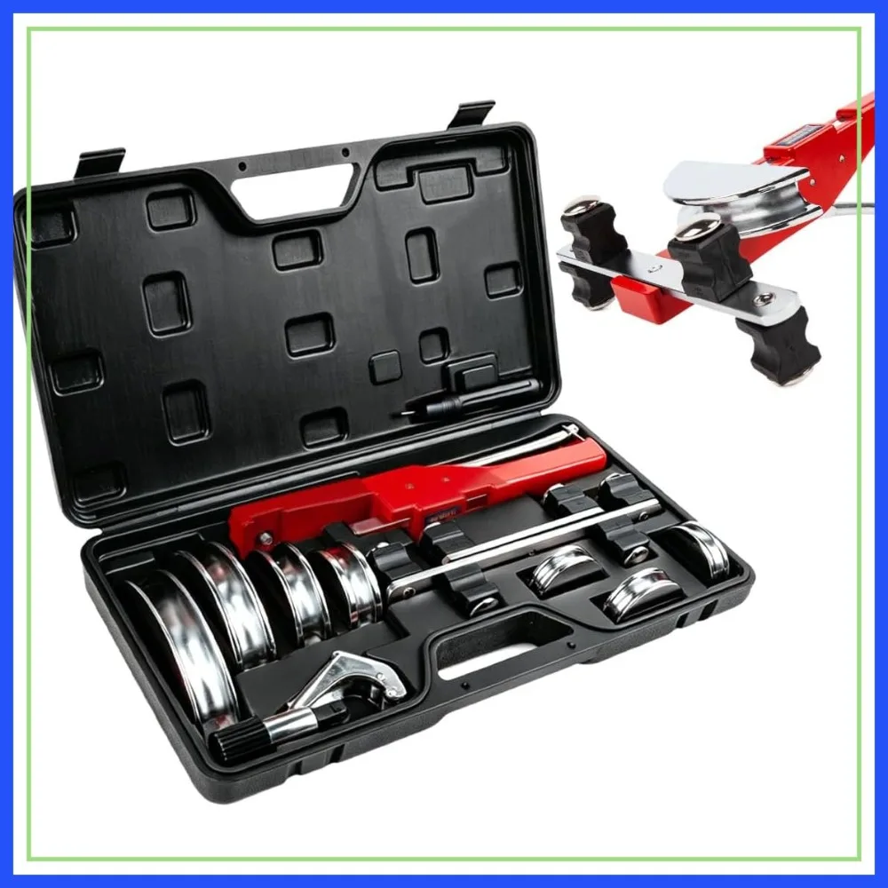 

Ratcheting Tube Bender Kit 1/4"-7/8" OD 7 Aluminum Alloy Heads, 90° Manual Tubing Bender with Cutter & Deburring Tool for HVAC Hydraulic Copper Steel Pipe