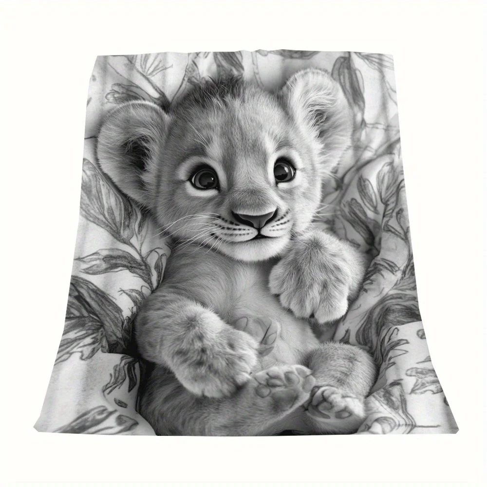 Modern Little Lion Cozy Throw Blanket, Black White Animal Pattern Couch Bed Warm Wrap for Nap, All Season Decor Gift