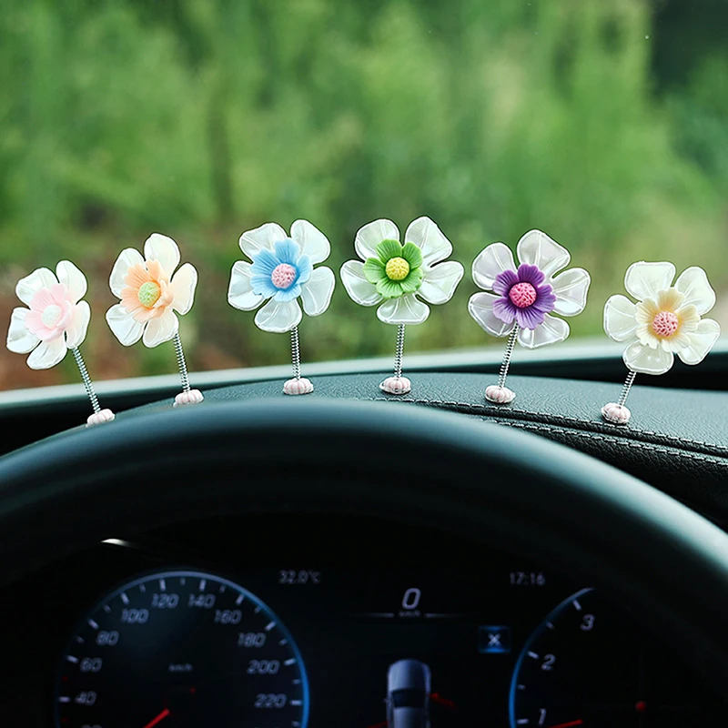 2Pcs Cute Shaking Flower Vehicle Center Console Small Ornament Car Dashboard Decoration Car Interior Decoration Accessories