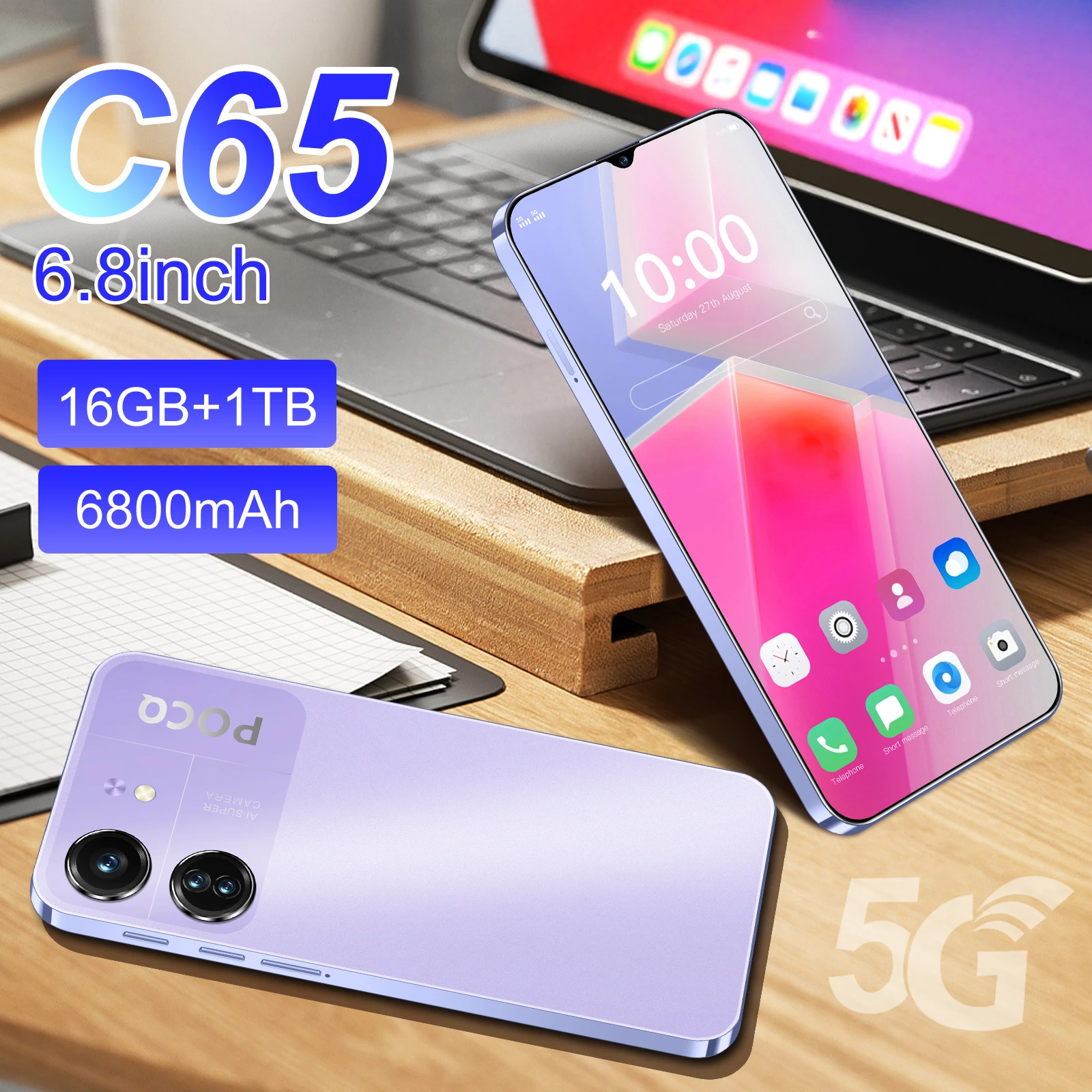 Original Smartphone C65 6.8inch 16GB+1TB ROM Android 5G Dimensity 9300 72MP+108MP Camera celulares with Clear Case Cell Phone