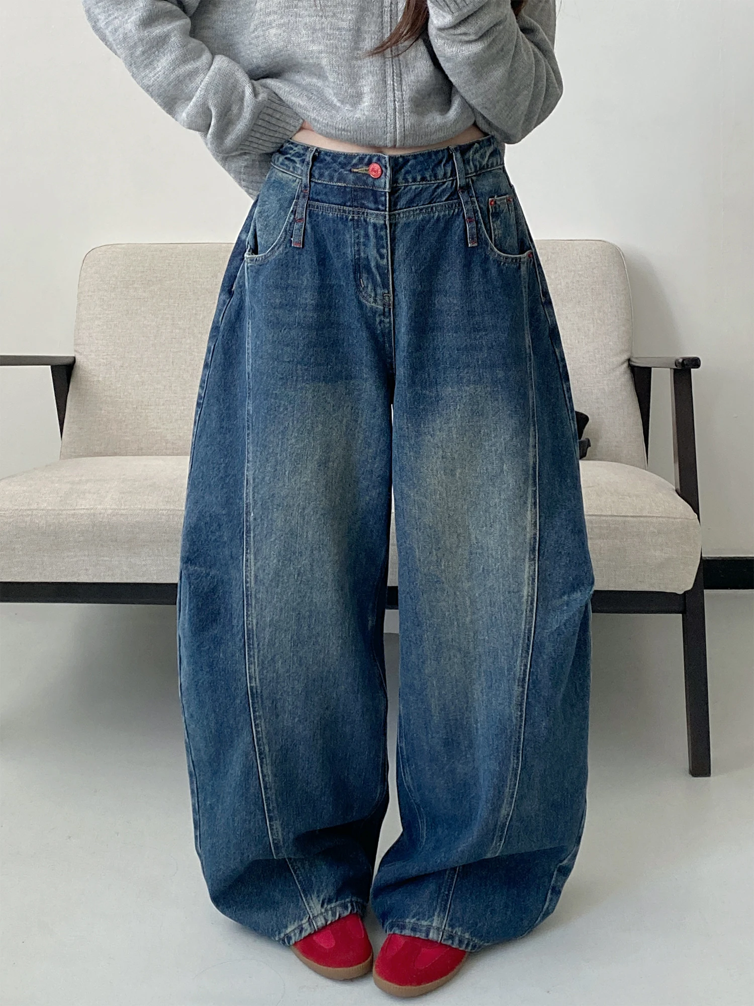 

SunYeo винтажные джинсовые брюки с ножом и высокой талией, весенне-осенние женские свободные брюки, слегка эластичные