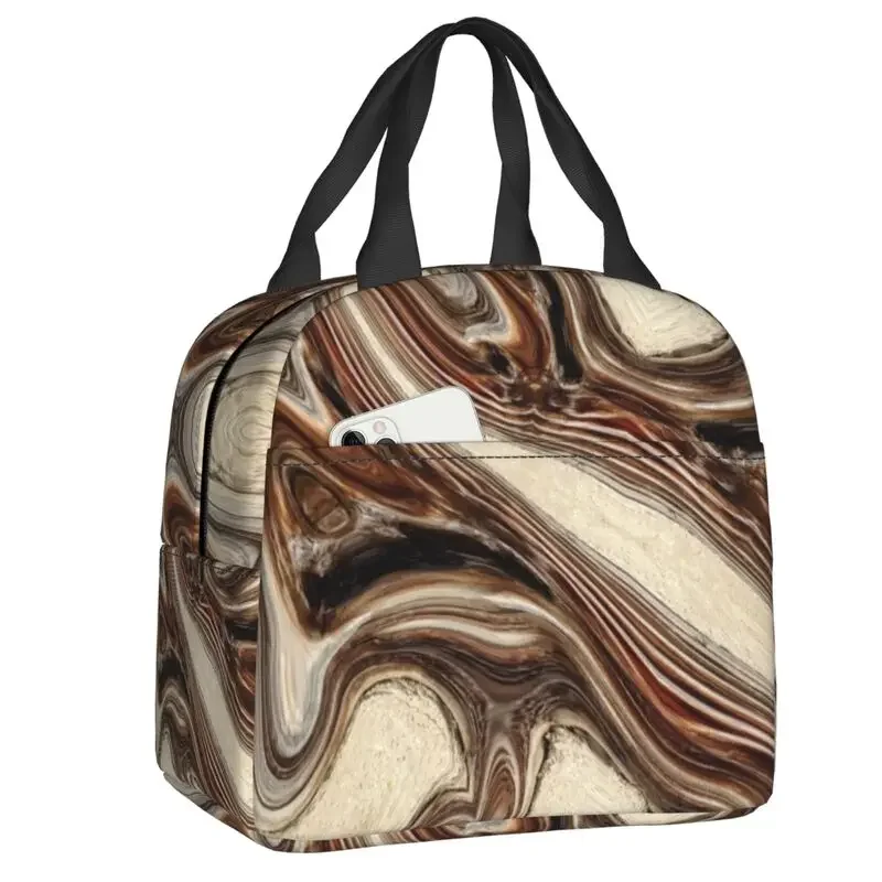 Rustic Wood Grain Brown Marble Thermal Insulated Lunch Bags Women Abstract Lunch Tote for Outdoor Picnic Multifunction Food Box