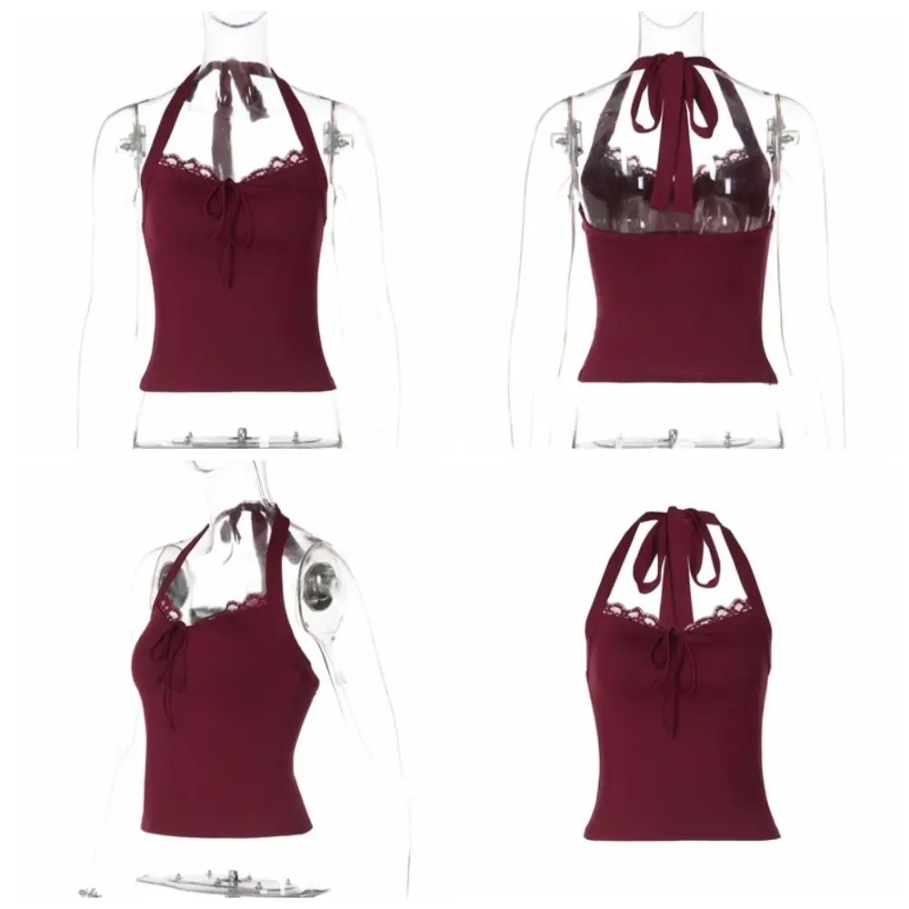 Top corto slim con scollo a V chic T-shirt con fondo all'americana con fiocco in pizzo Dolce canotta elastica con lacci Ragazza piccante