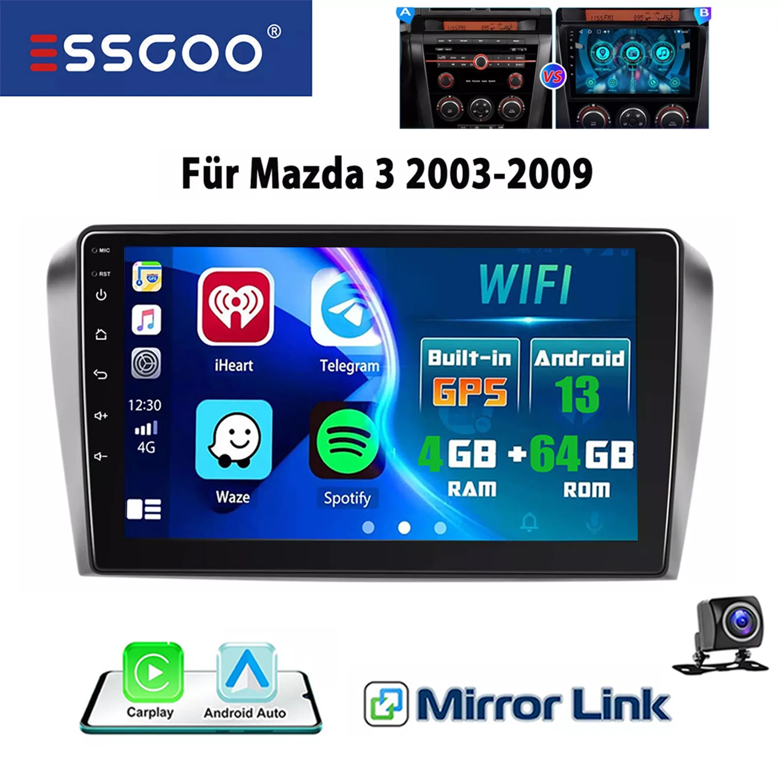 ESSGOO 9" 2 DIN HD Touchscreen Display voor Mazda 3 2003-2009 Android 13 Autoradio Wireless CarPlay GPS Navigatie Stereo Bluetooth FM WIFI RDS Multimedia Video Speler 32G/64G 4 Core