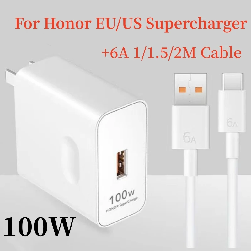 Honor 100W SuperCharge EU/US/UK Fast Charger 6A 1/1.5/2M Usb Type C Cable For Honor 200 100 90 80 70 Pro Magic V V2 6 5 4 Pro