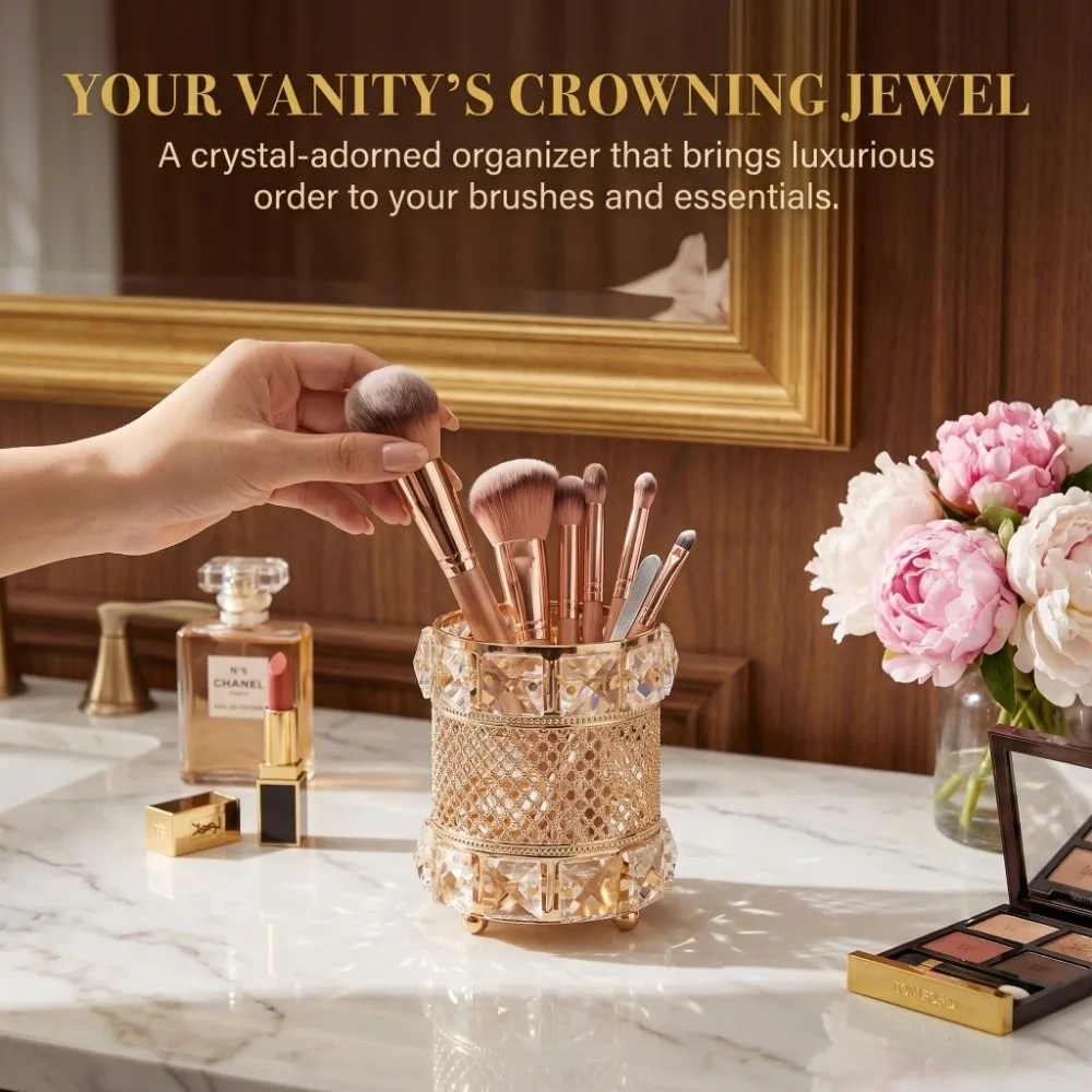 

Gold Makeup Brush Holder Organizer Elegant Crystal Cosmetics Brushes Storage Cup Luxurious Bling Cosmetic Storage Box Gifts