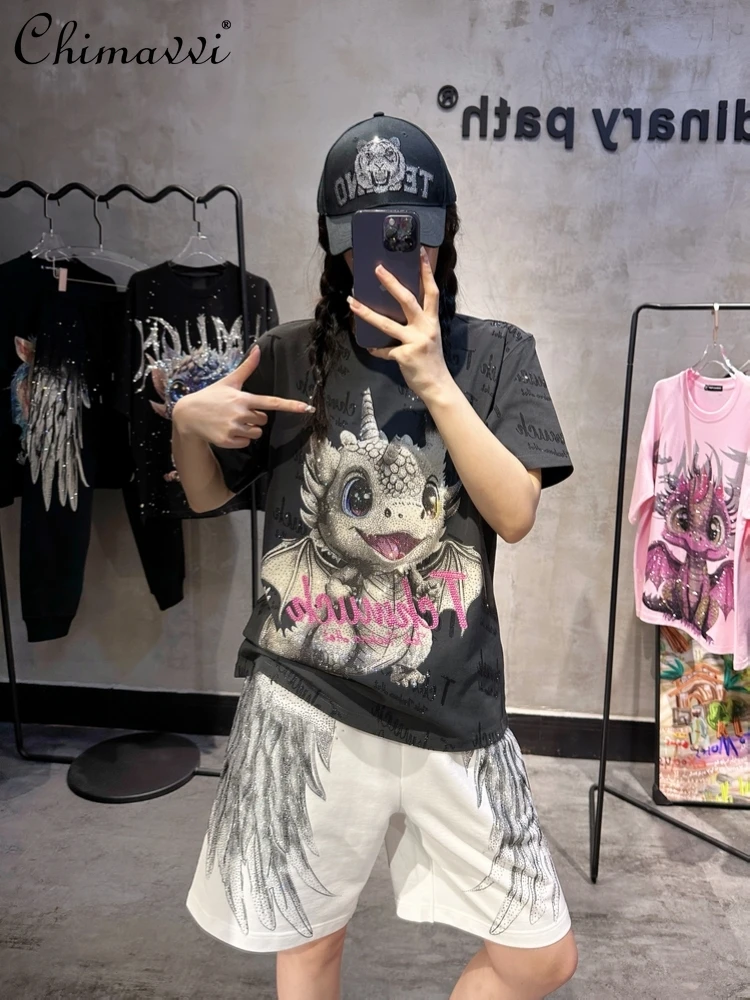 

Summer New Heavy Hot Drilling Smoky Gray Short-Sleeved T-shirt Fashion Men's and Women's Full Diamond Cartoon Letter Tees Tops