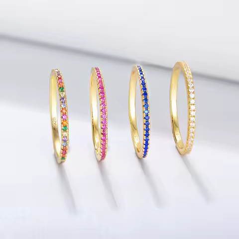 925 Sterling Silver Colorful CZ Simulated Diamond Stackable Ring 14k Gold Plated Eternity Bands for Women Fine Jewelry Gifts