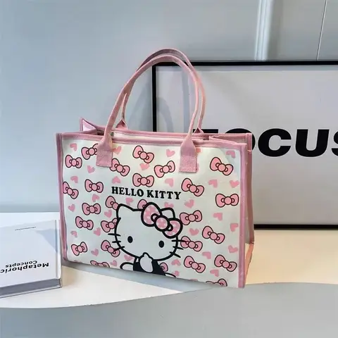 Hello Kitty Canvas Bag Sanrio Tote Bag Shoulder Storage Makeup Pouch Anime Handbag Travel Shopping Bag Kid Schoolbag Girl Gift