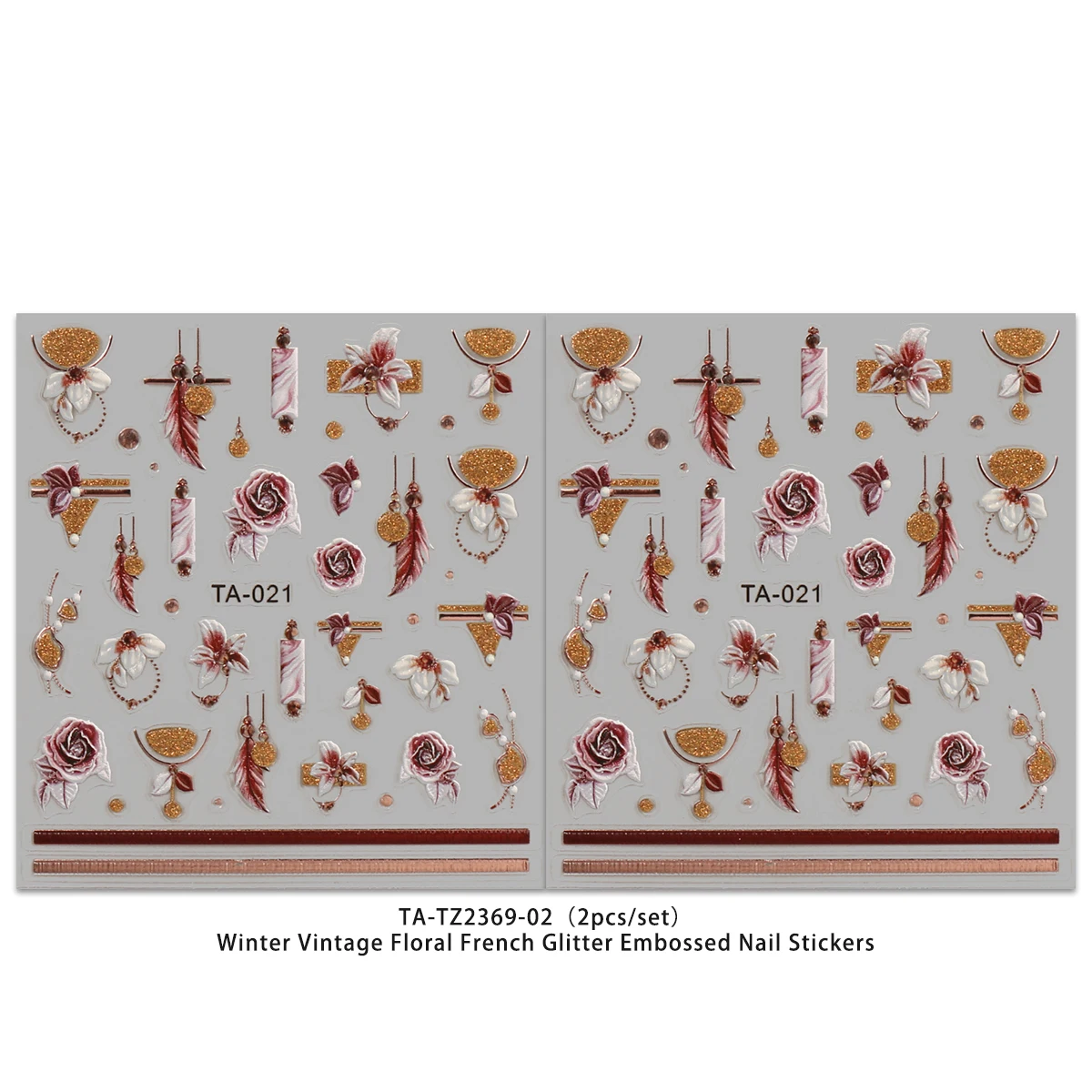 Autocollants pour Nail Art en relief, fleur rétro d'hiver, paillettes françaises, faciles à appliquer pour la décoration des ongles, le bricolage, le cadeau, le maquillage de fête, 2 pièces