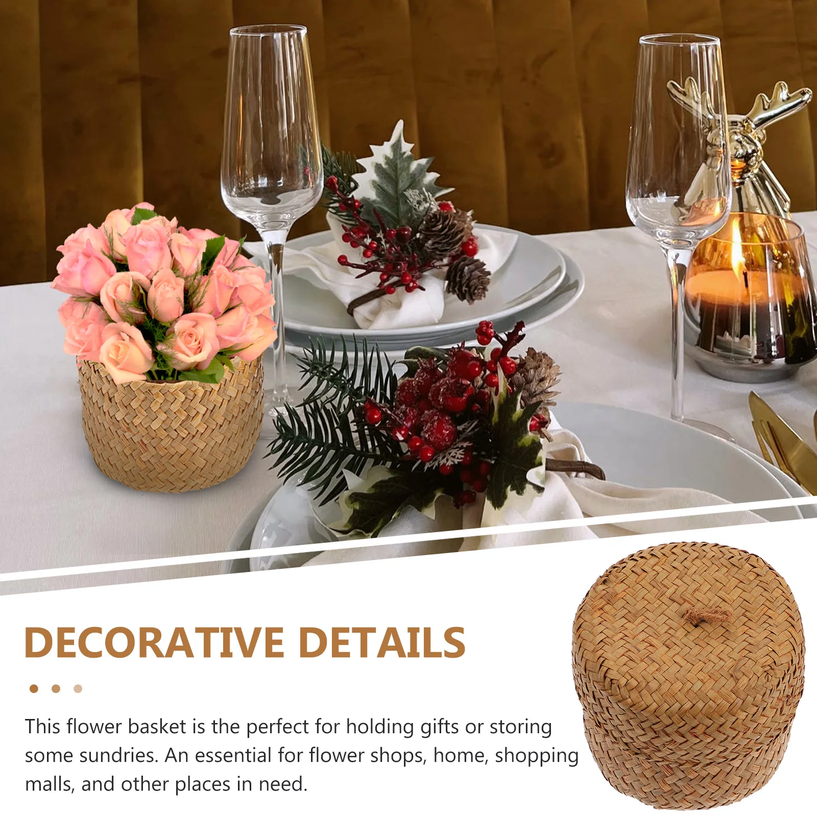 

Handmade Woven Flower Basket Mini Sundries Container with Lid Gift Packing Box Decorative Basket Storage for Home Wedding Party