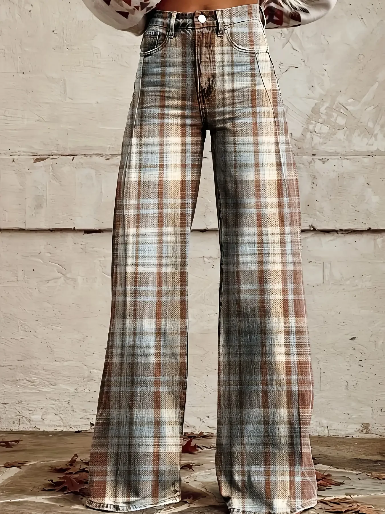 

2026 Women's new casual jeans with a variety of colorful western prints, loose wide leg design, Vintage checkered pants