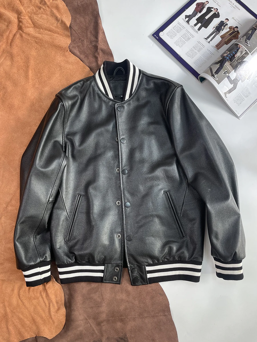 

Casual Leather Baseball Jaet Men's Cowhide Coat Youth Color Outerwear Japanese Sle Cool Top Long Sve Baseball Co...