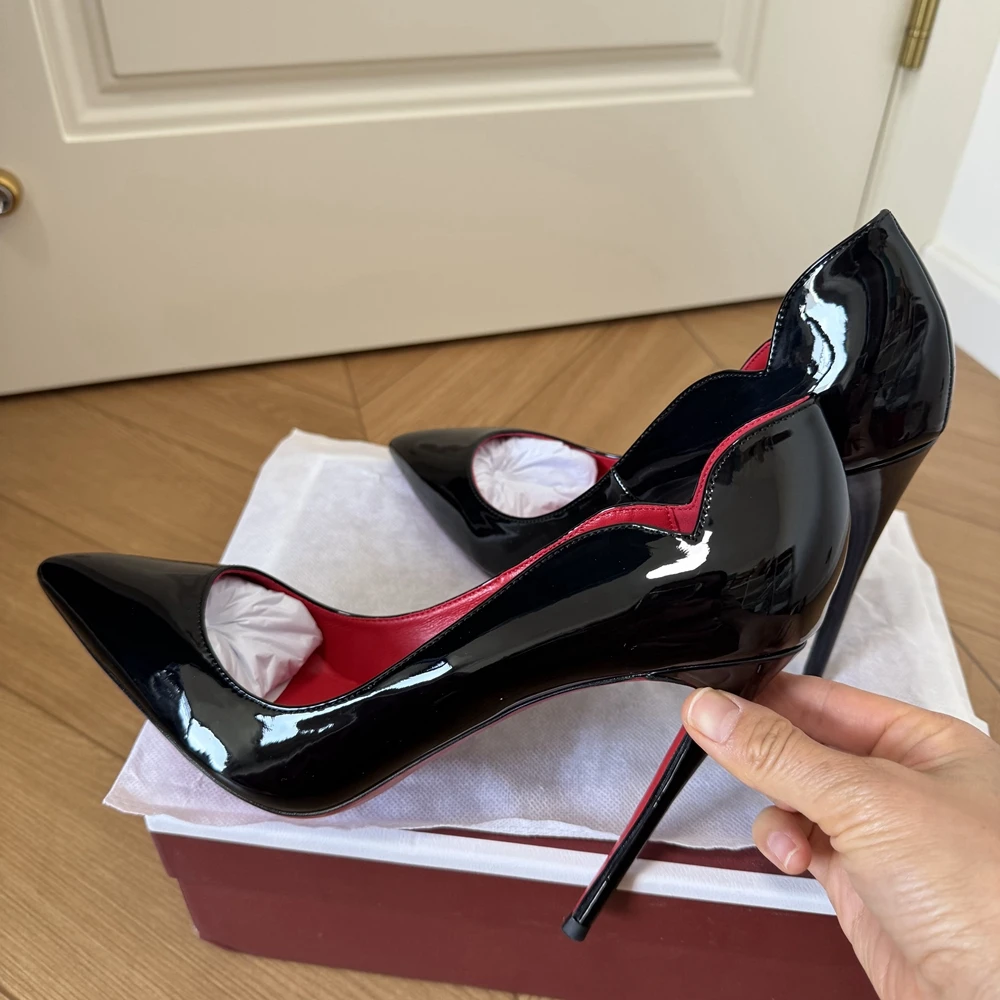 Veowalk Women's 12cm Stiletto Heels V Cut Pointed Toe Black Patent Pumps Sexy Evening Club Party Wedding Dress Shoes Plus Size view 5