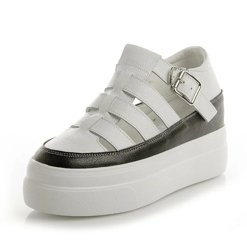 

Женская летняя обувь из коровьей кожи 7 см, сандалии на платформе, шлепанцы на танкетке, пляжная обувь с петлей на крючках, большой размер 42