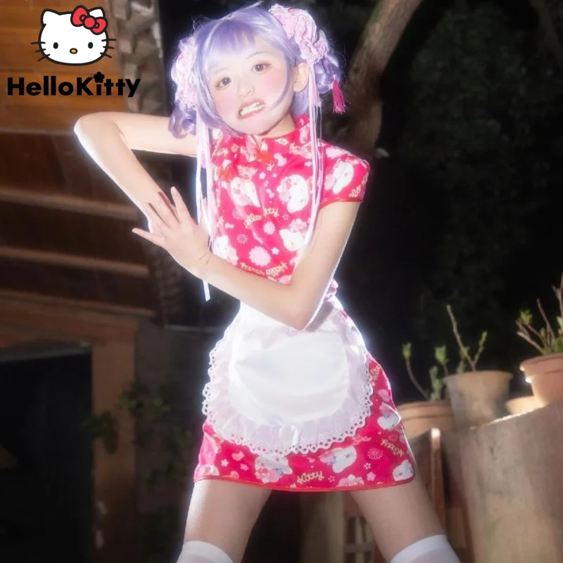 

Sanrio Hello Kitty Cheongsam Y2k Millennium Harajuku Long T-shirt Cartoon Chinese Style Dress Women Cute A Line Lolita Dresses